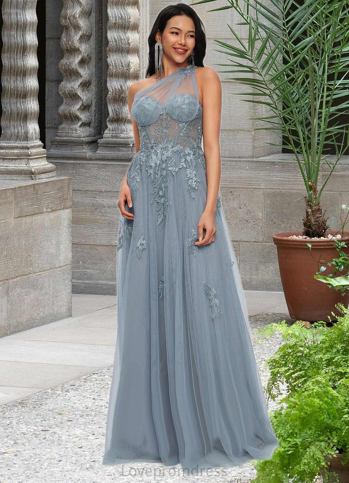 Presley A-line One Shoulder Floor-Length Tulle Prom Dresses With Appliques Lace Sequins DYP0022200