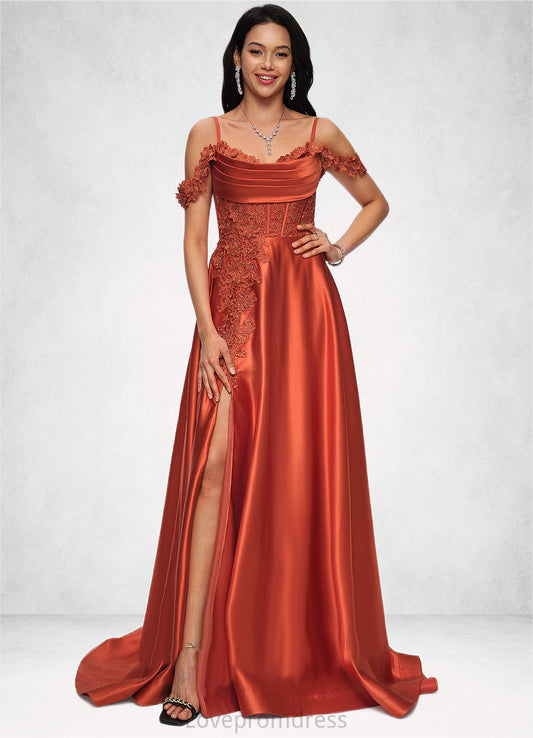 Gretchen A-line Off the Shoulder Sweep Train Satin Prom Dresses With Rhinestone DYP0022208