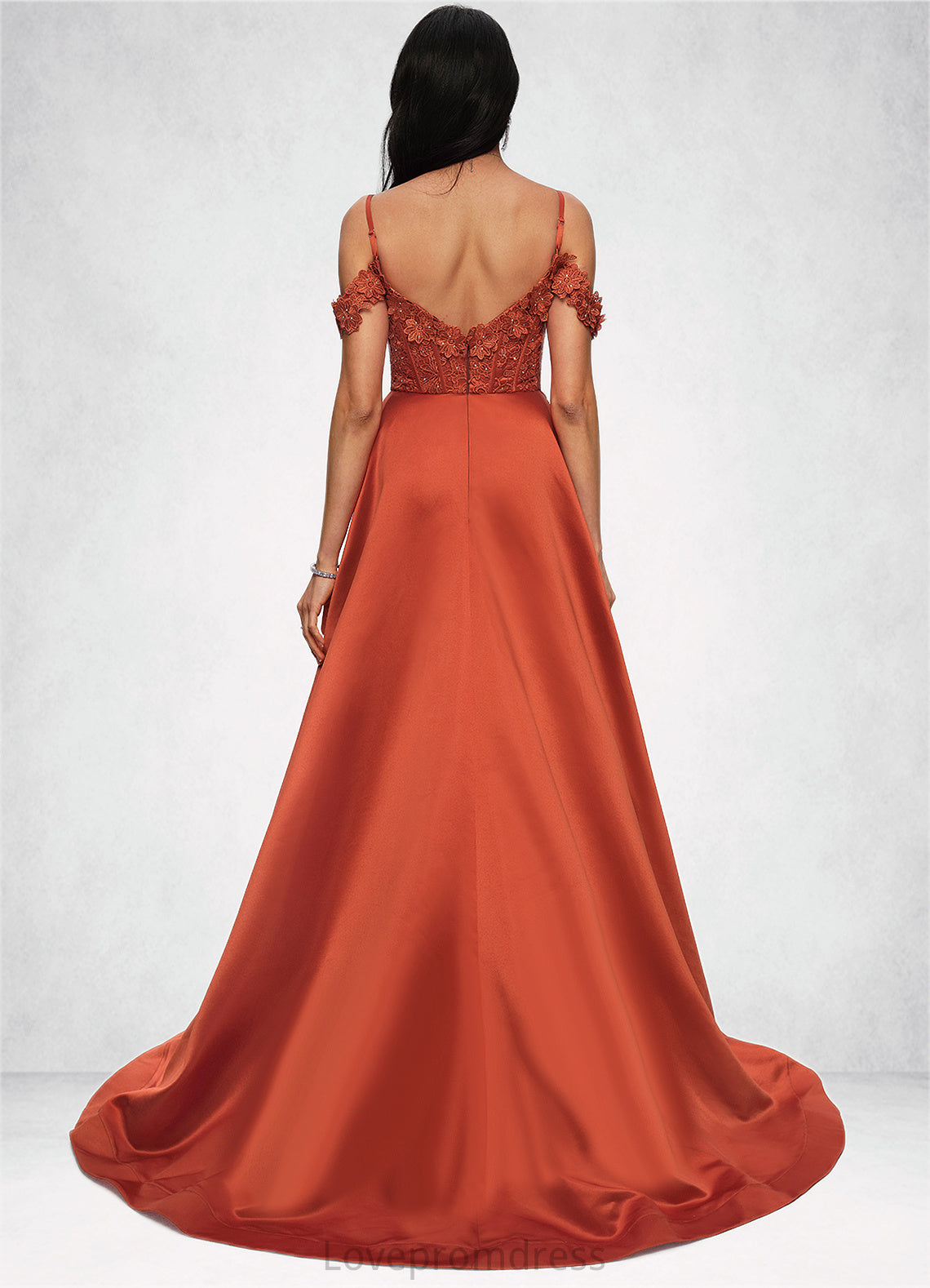 Gretchen A-line Off the Shoulder Sweep Train Satin Prom Dresses With Rhinestone DYP0022208