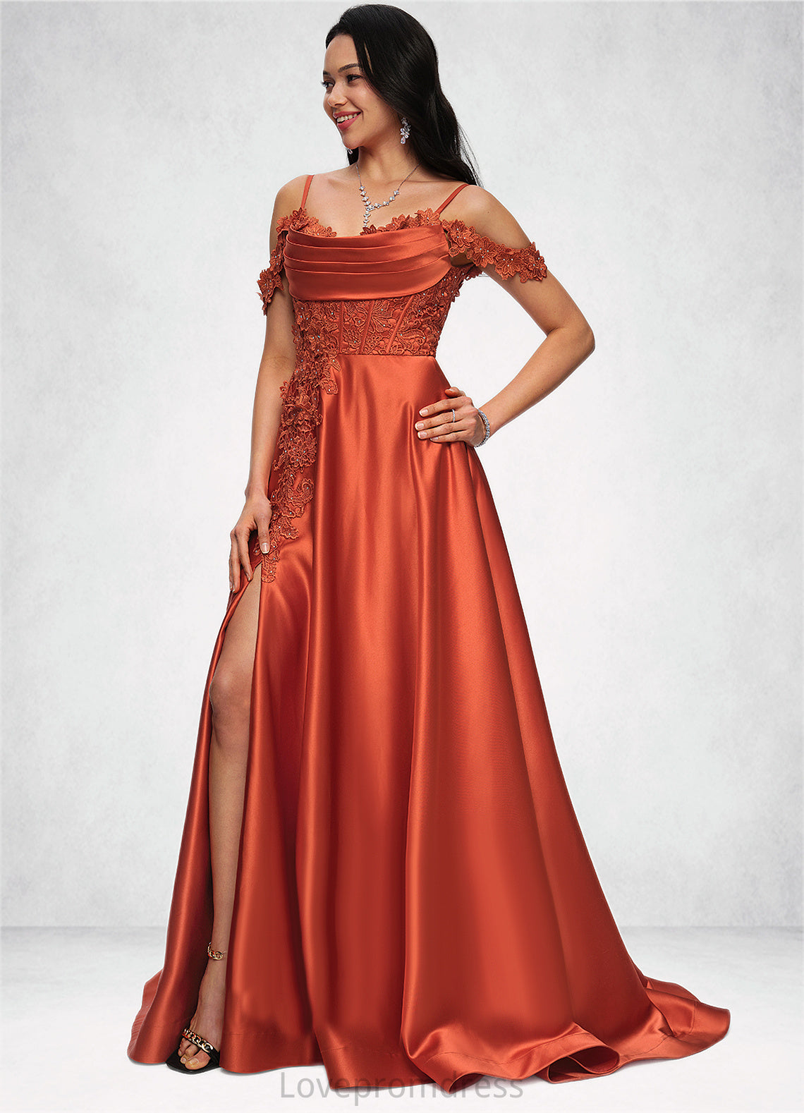 Gretchen A-line Off the Shoulder Sweep Train Satin Prom Dresses With Rhinestone DYP0022208