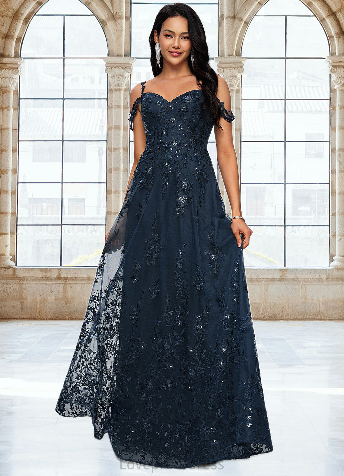 Amelie A-line V-Neck Floor-Length Lace Prom Dresses With Sequins DYP0022222