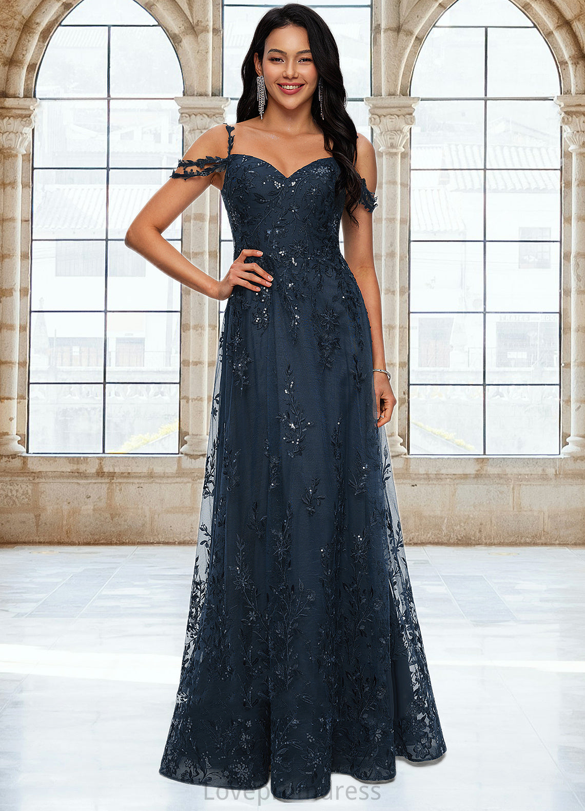 Amelie A-line V-Neck Floor-Length Lace Prom Dresses With Sequins DYP0022222