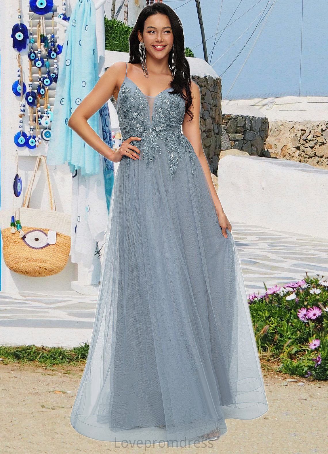 Cameron A-line V-Neck Floor-Length Tulle Prom Dresses With Appliques Lace Sequins DYP0022223