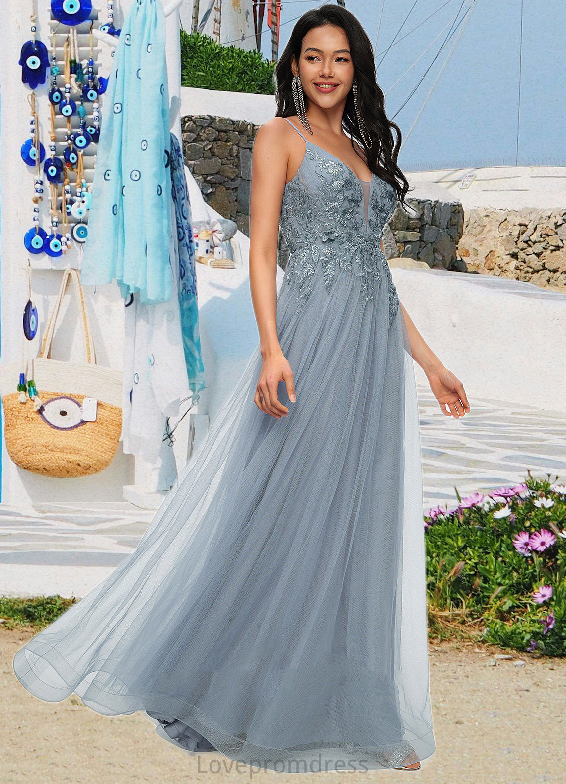 Cameron A-line V-Neck Floor-Length Tulle Prom Dresses With Appliques Lace Sequins DYP0022223