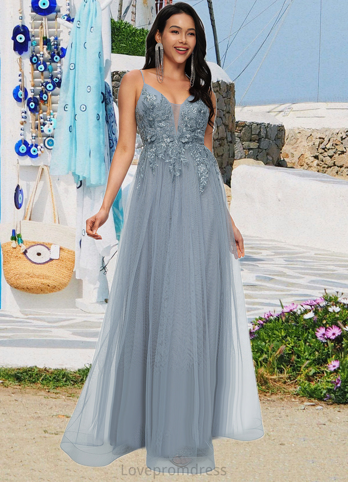 Cameron A-line V-Neck Floor-Length Tulle Prom Dresses With Appliques Lace Sequins DYP0022223