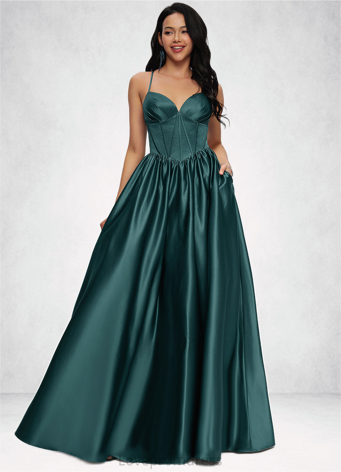 Yasmin Ball-Gown/Princess V-Neck Floor-Length Satin Prom Dresses With Pleated DYP0022230