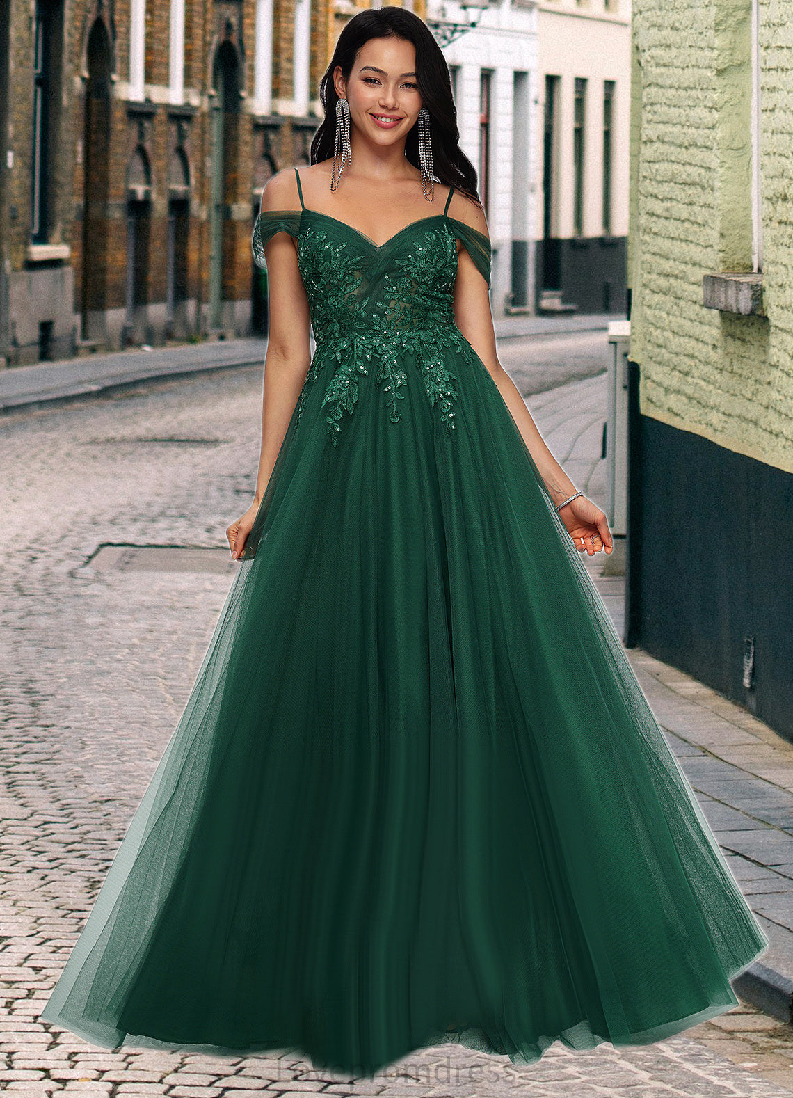 Arabella A-line Off the Shoulder Floor-Length Tulle Prom Dresses With Appliques Lace Sequins DYP0022231