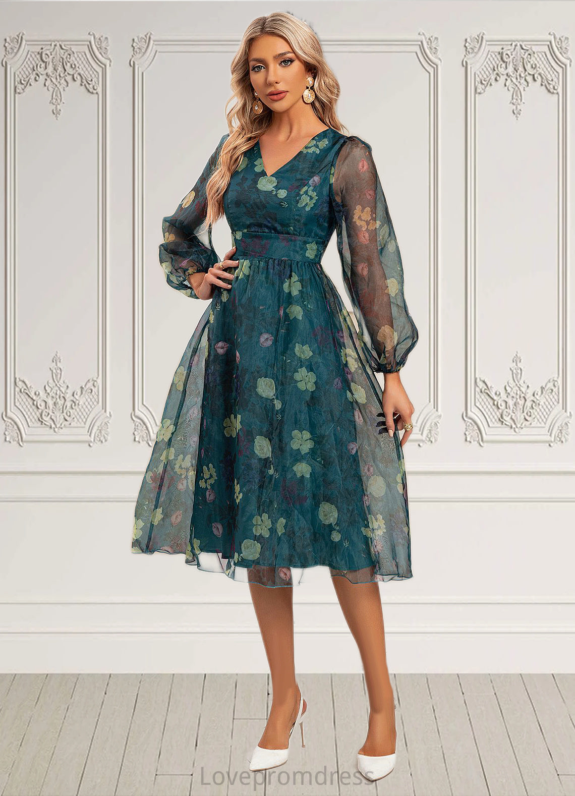 Fernanda Floral Print V-Neck Elegant A-line Organza Midi Dresses DYP0022297