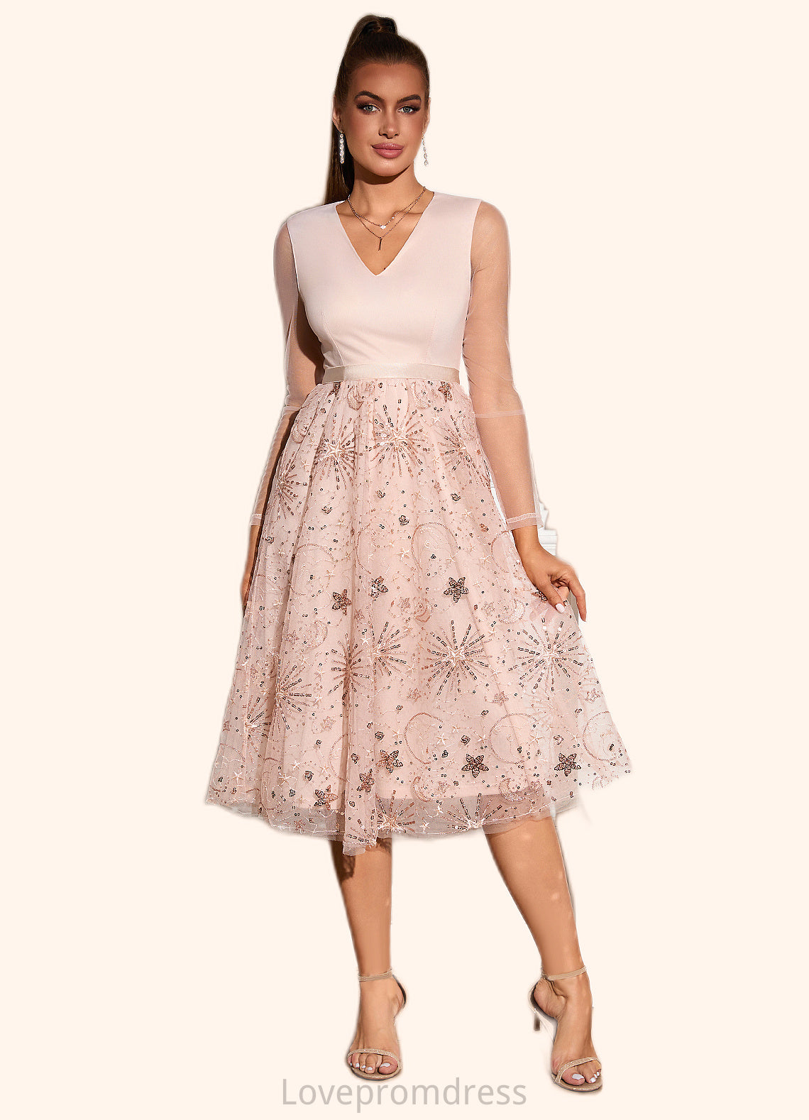 Helena Sequins V-Neck Elegant A-line Tulle Midi Dresses DYP0022314