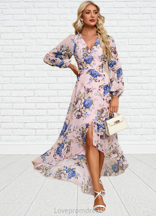 Briley Ruffle Floral Print V-Neck Elegant A-line Chiffon Asymmetrical Dresses DYP0022327