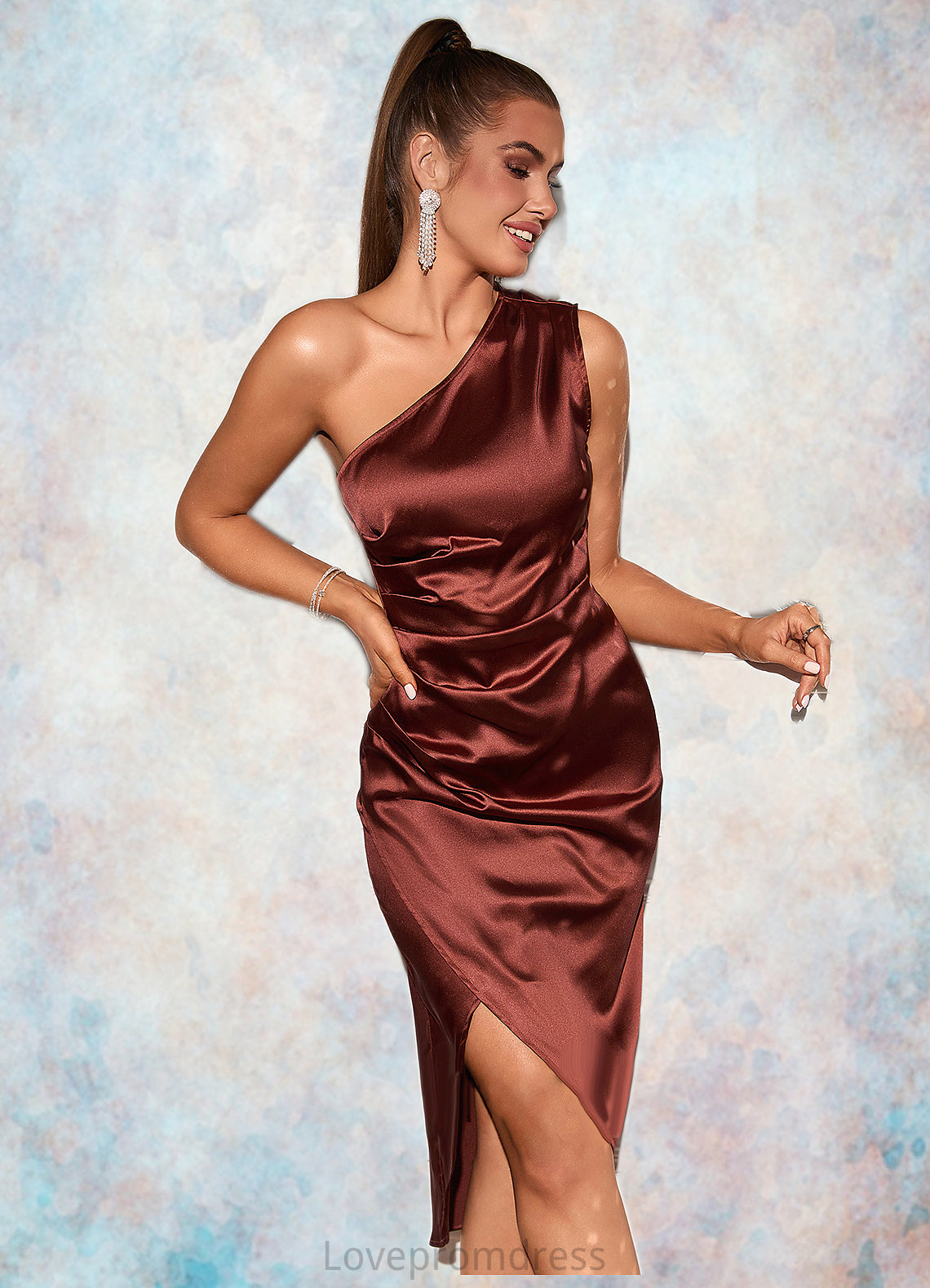 Kayley Ruffle One Shoulder Elegant Sheath/Column Satin Midi Dresses DYP0022363