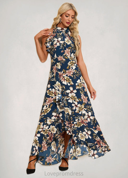 Rayna Ruffle Floral Print High Neck Elegant A-line Polyester Asymmetrical Dresses DYP0022373