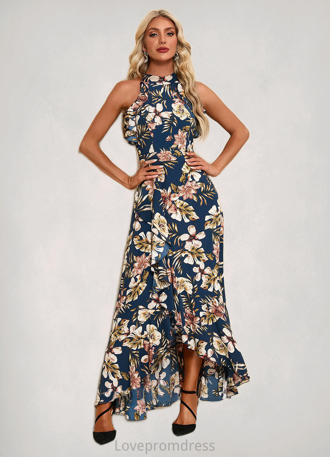 Rayna Ruffle Floral Print High Neck Elegant A-line Polyester Asymmetrical Dresses DYP0022373