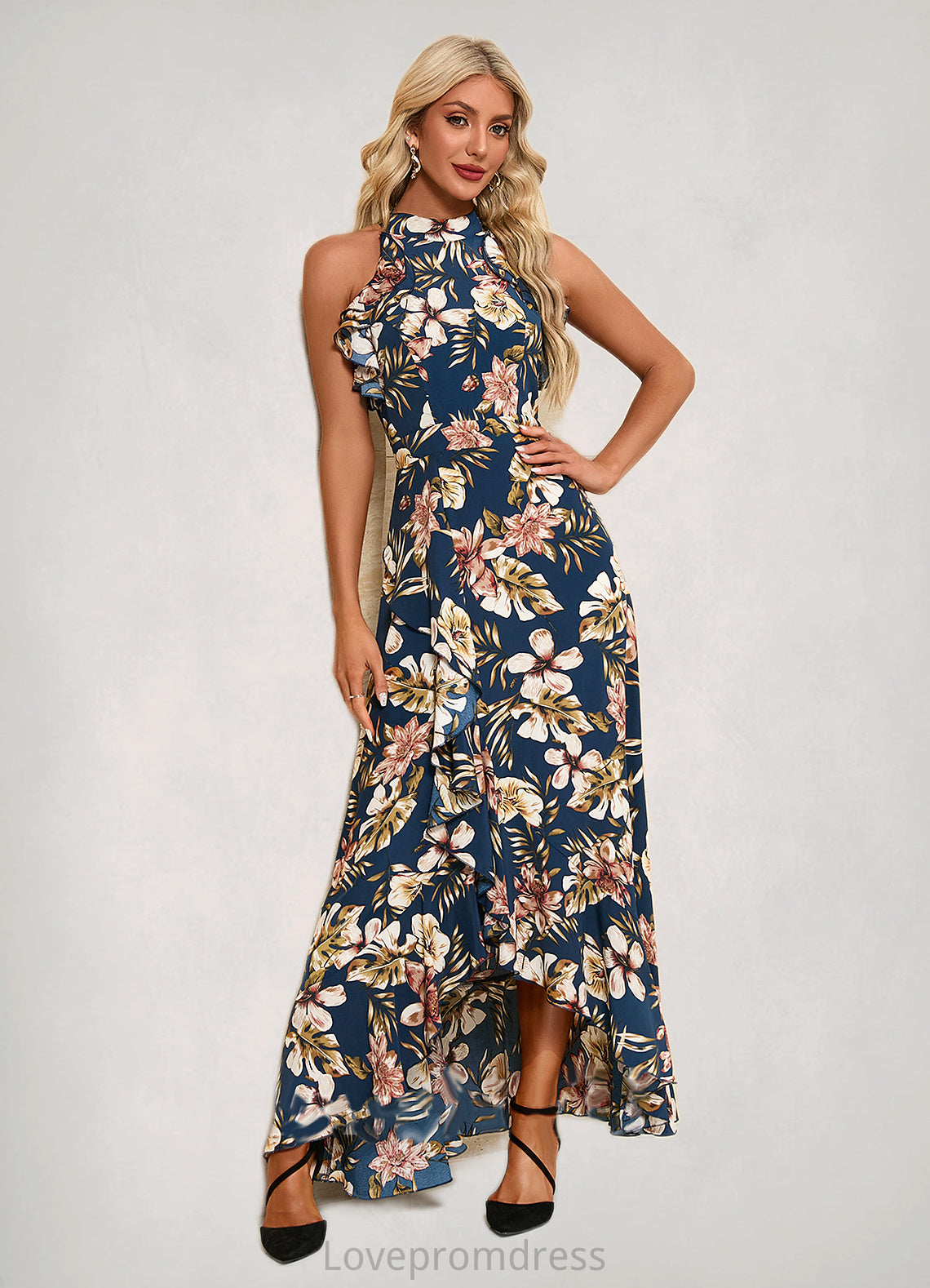 Rayna Ruffle Floral Print High Neck Elegant A-line Polyester Asymmetrical Dresses DYP0022373