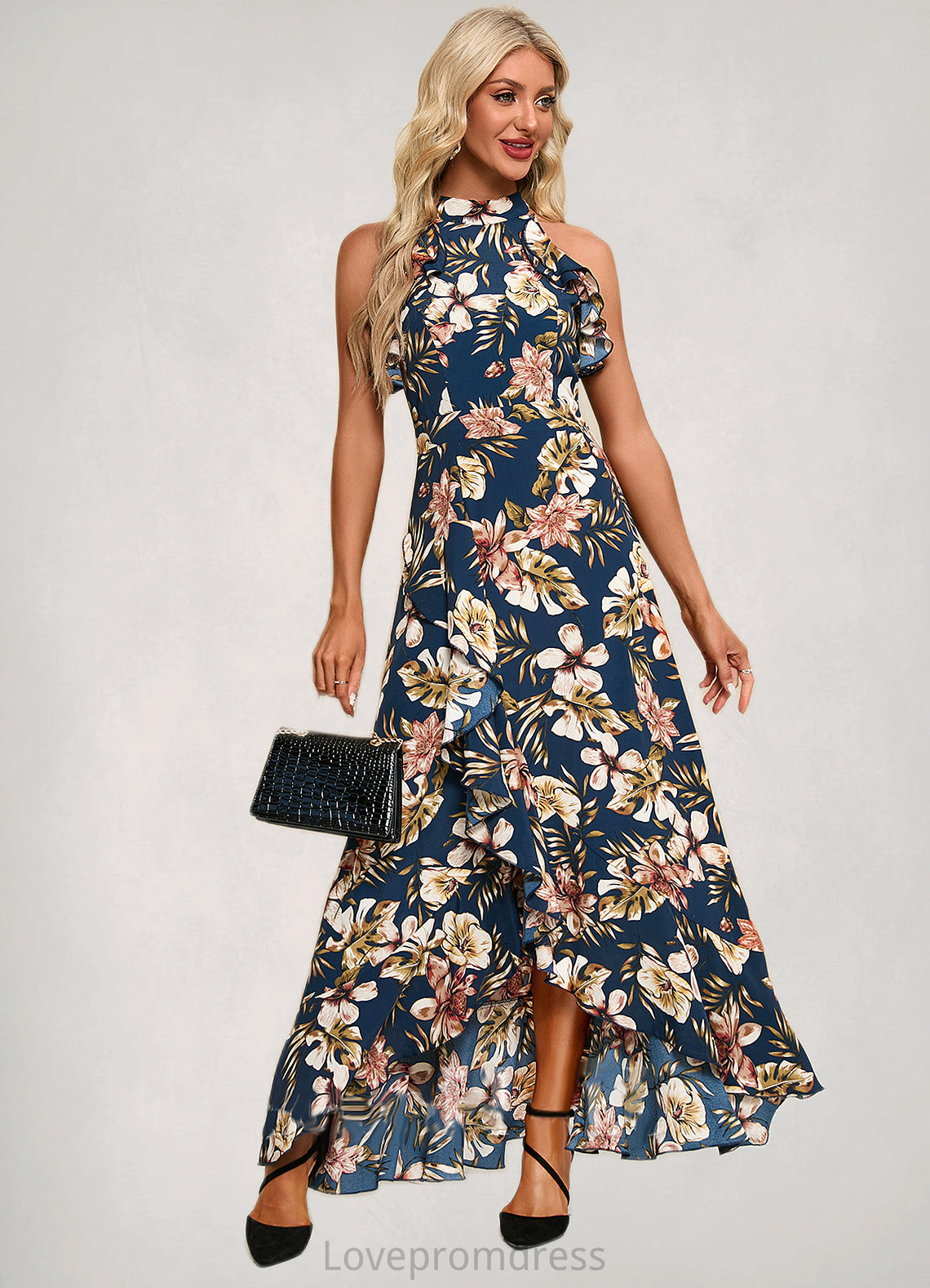 Rayna Ruffle Floral Print High Neck Elegant A-line Polyester Asymmetrical Dresses DYP0022373