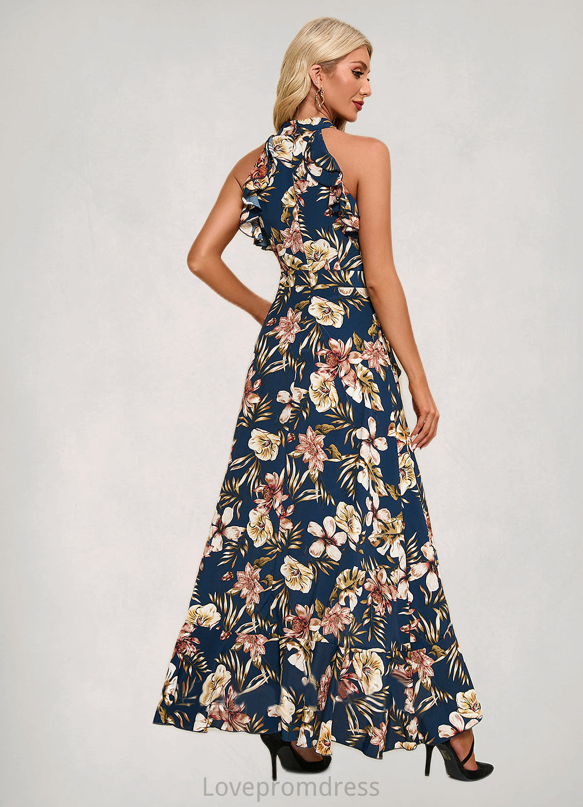 Rayna Ruffle Floral Print High Neck Elegant A-line Polyester Asymmetrical Dresses DYP0022373