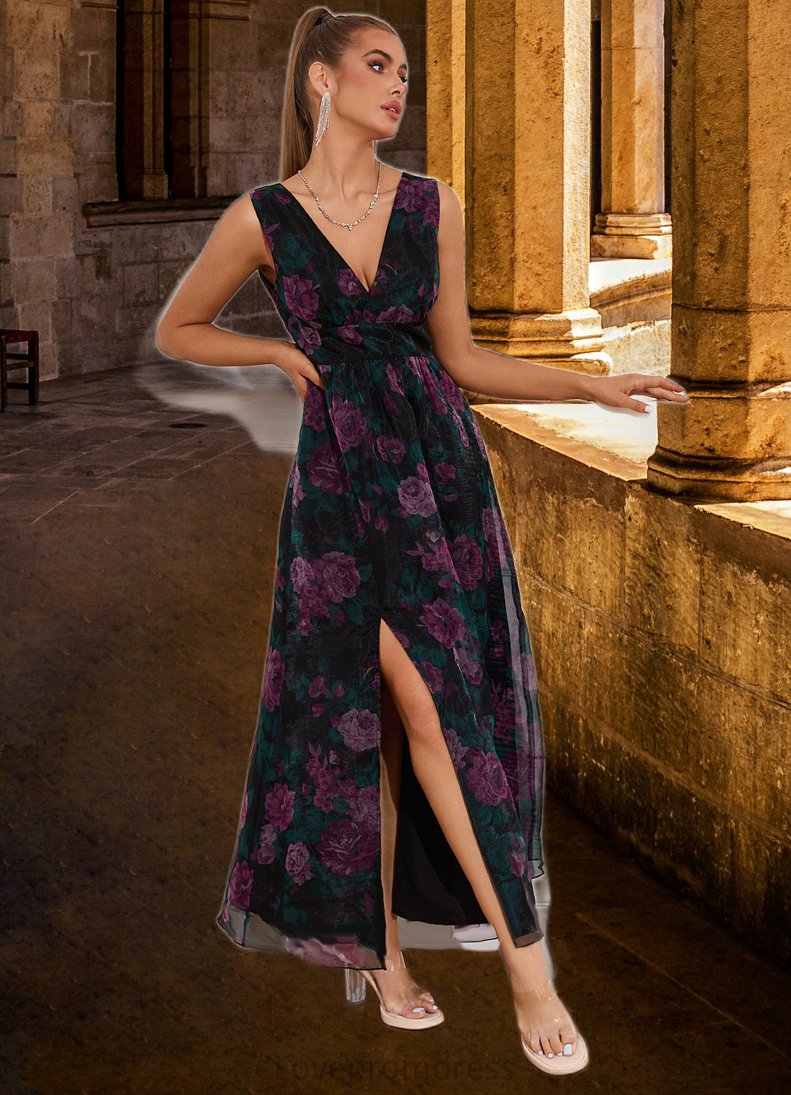 Kenya Floral Print V-Neck Elegant A-line Organza Maxi Dresses DYP0022406