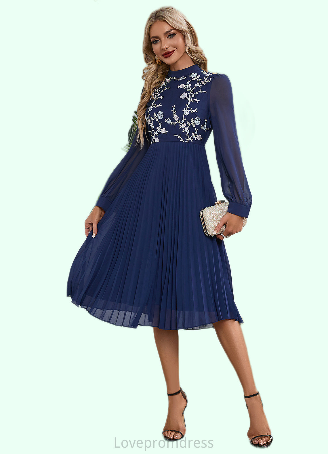 Julianne Pleated High Neck Elegant A-line Chiffon Midi Dresses DYP0022416