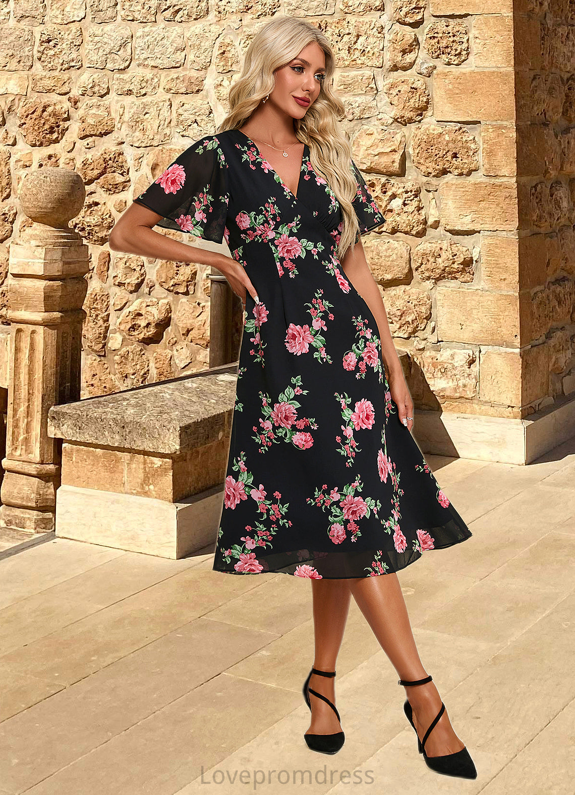 Azaria Floral Print V-Neck Elegant A-line Chiffon Midi Dresses DYP0022424