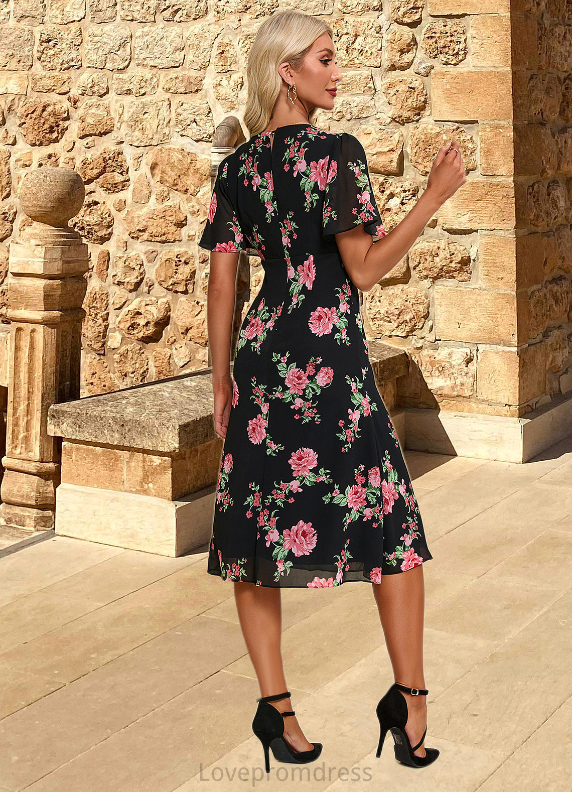 Azaria Floral Print V-Neck Elegant A-line Chiffon Midi Dresses DYP0022424