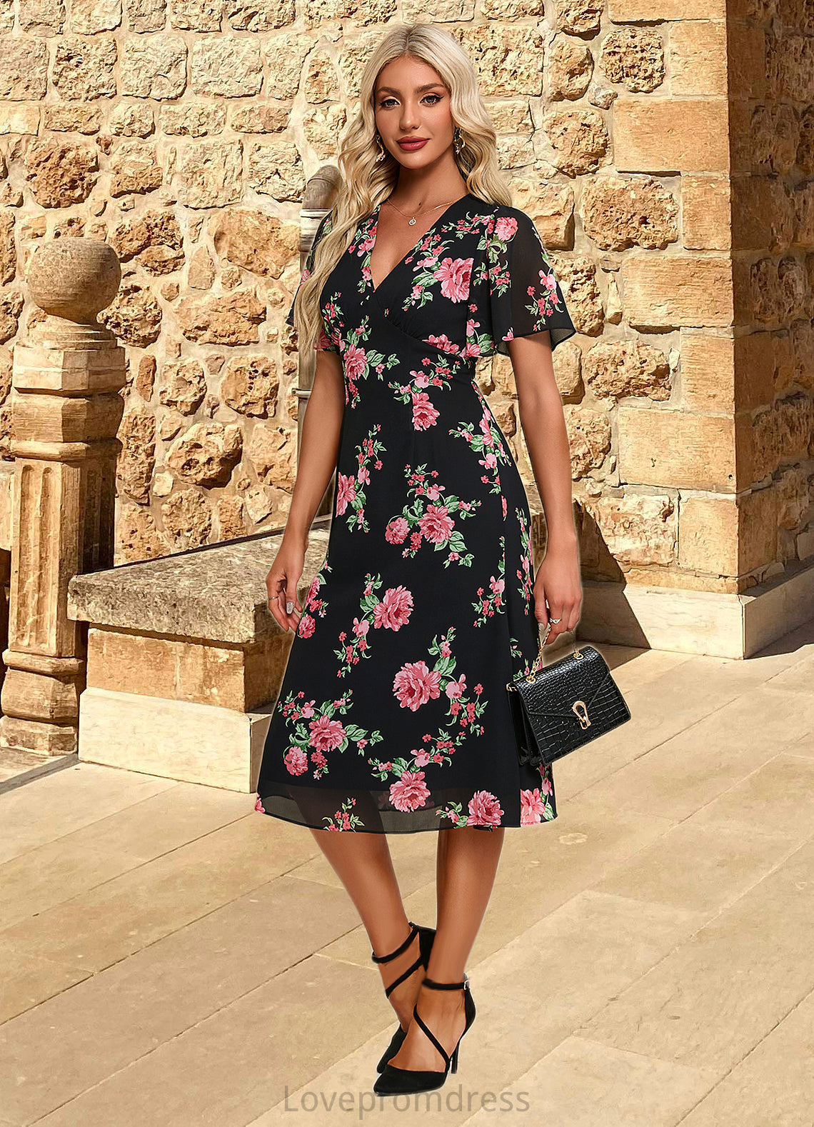 Azaria Floral Print V-Neck Elegant A-line Chiffon Midi Dresses DYP0022424