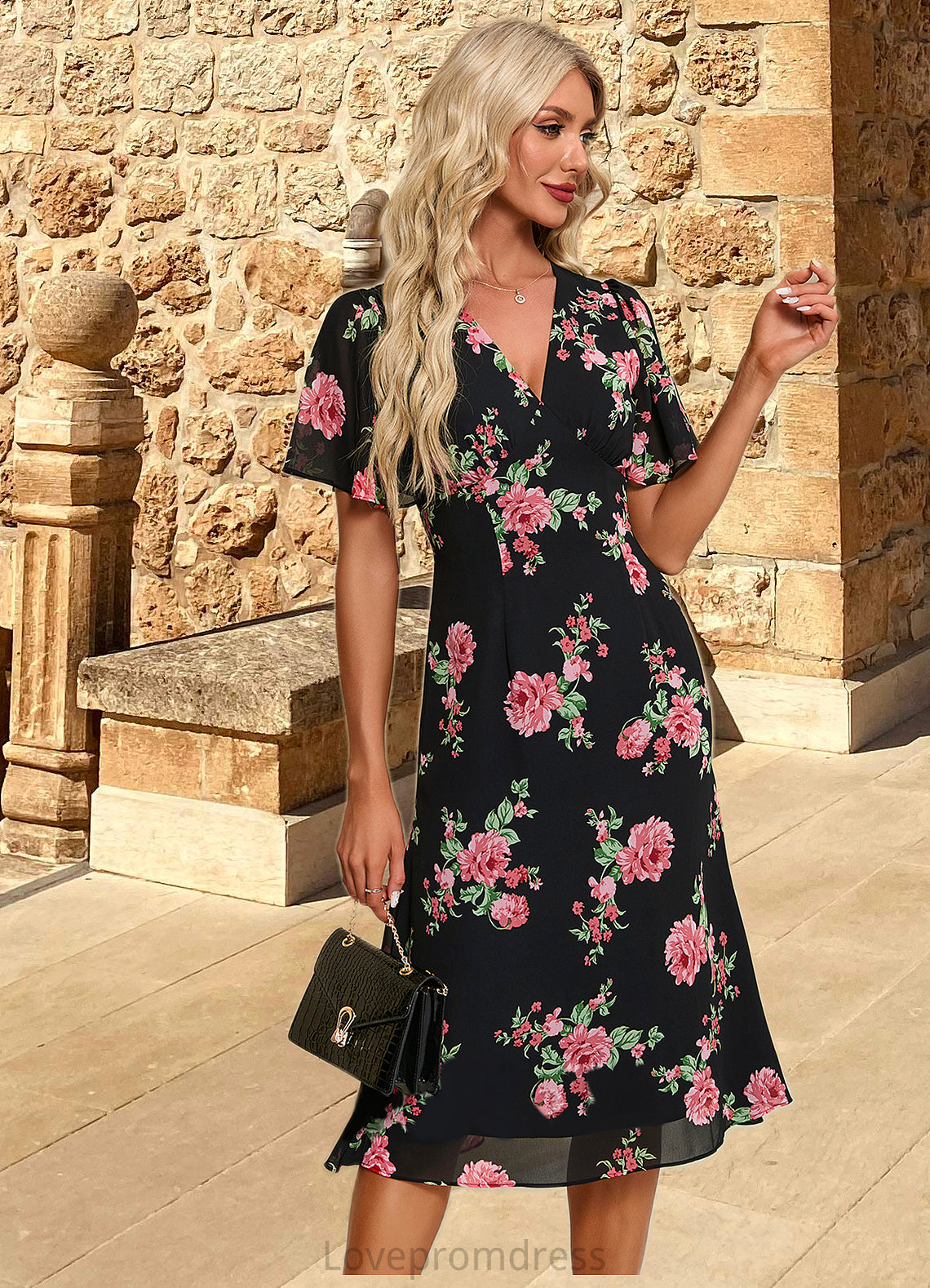 Azaria Floral Print V-Neck Elegant A-line Chiffon Midi Dresses DYP0022424