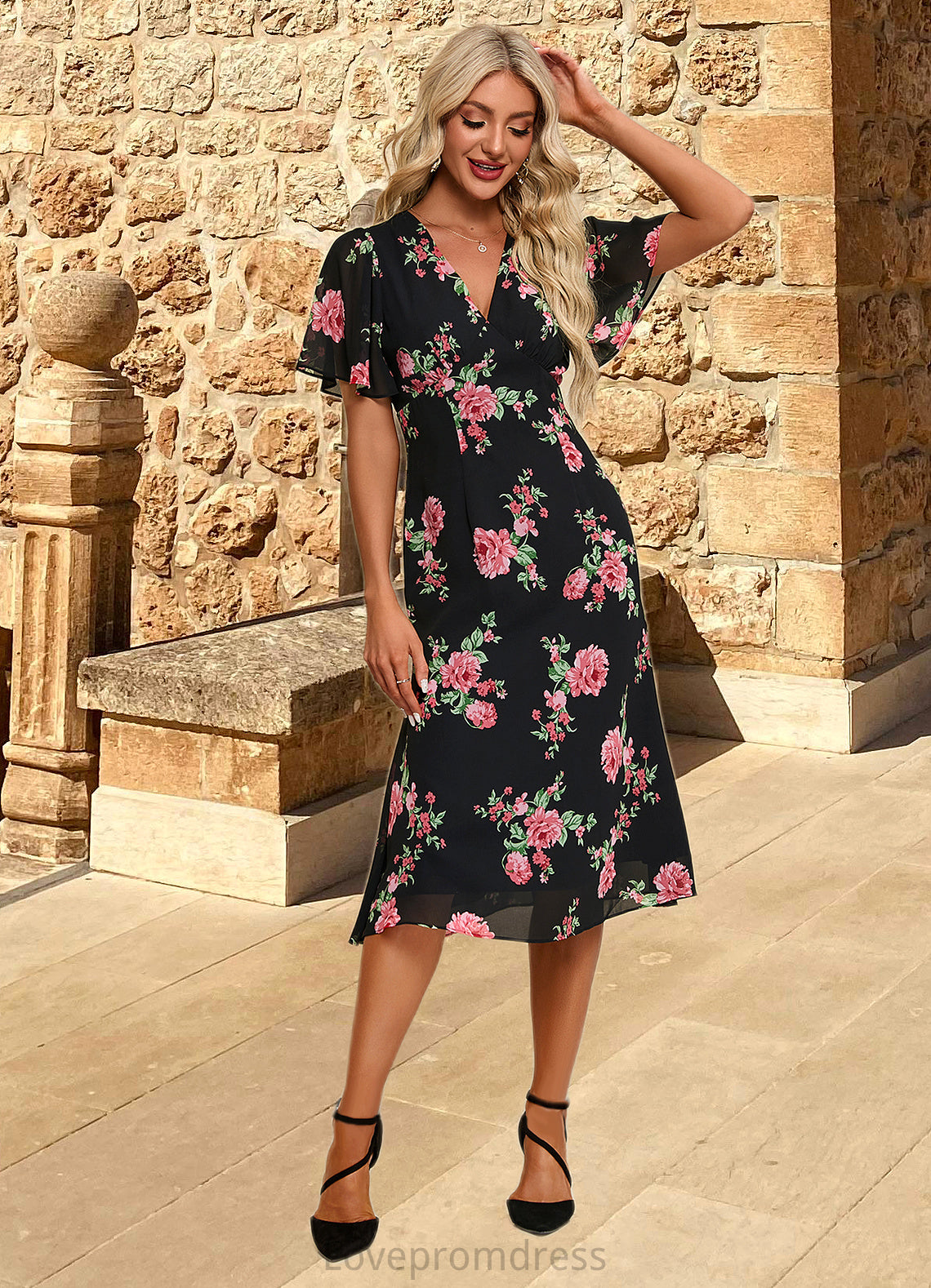 Azaria Floral Print V-Neck Elegant A-line Chiffon Midi Dresses DYP0022424