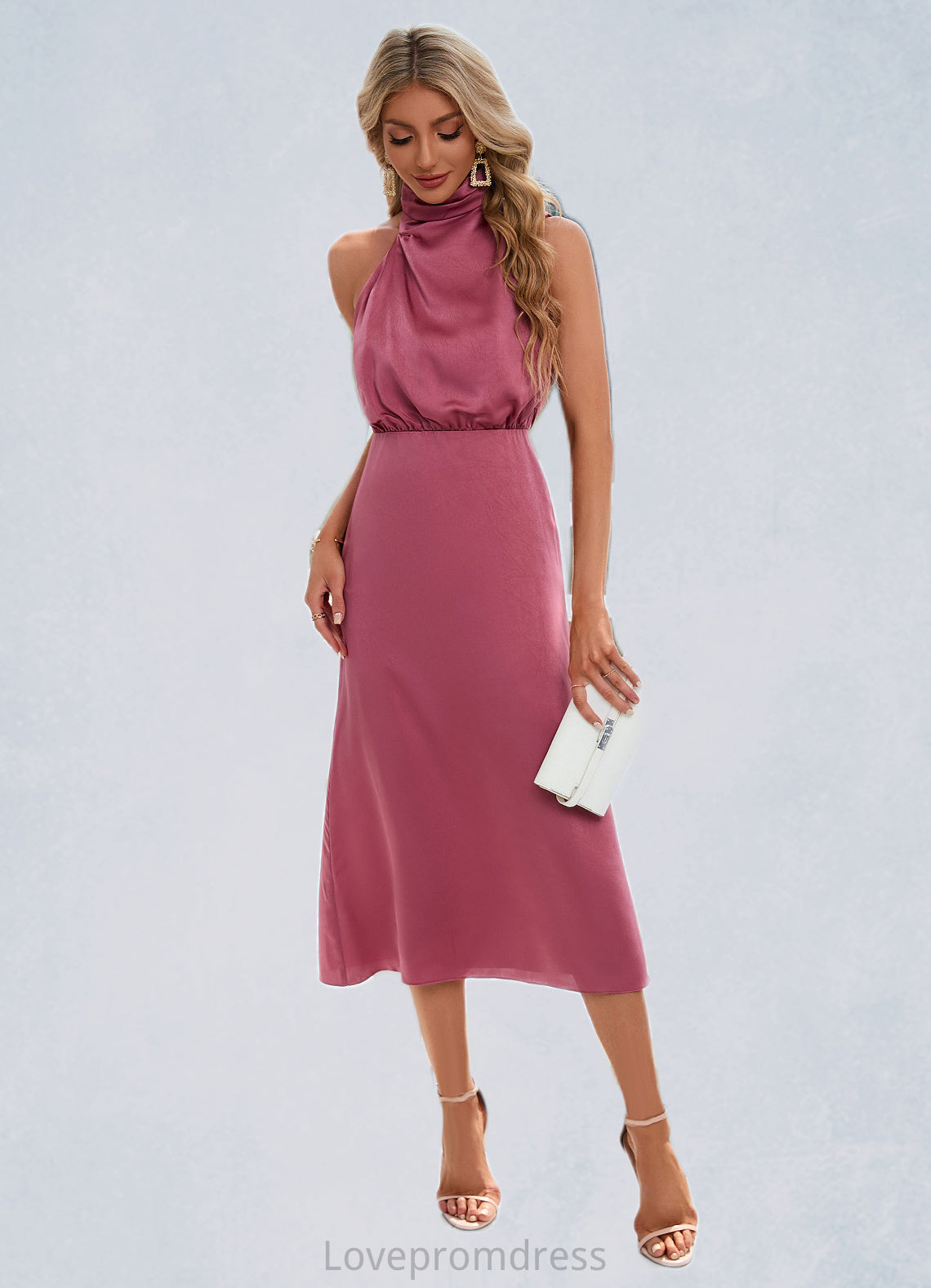 Rosie High Neck Elegant A-line Satin Midi Dresses DYP0022442