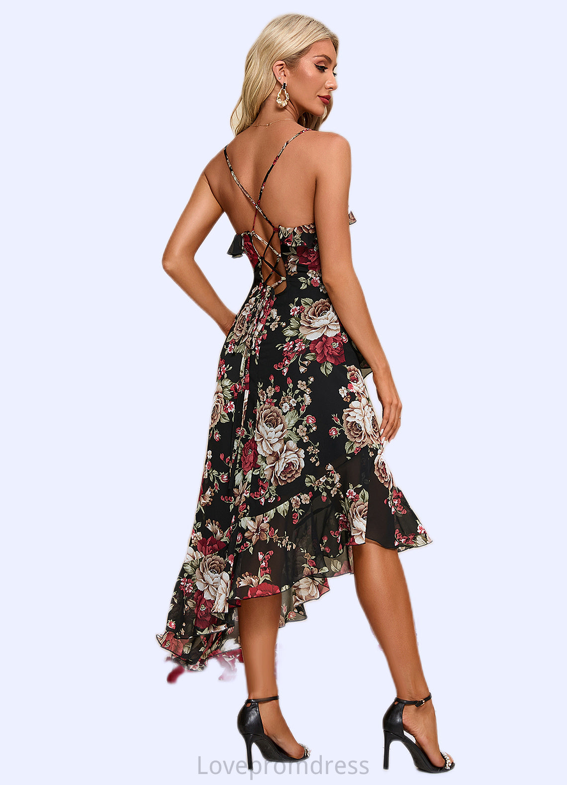 Ashlee Ruffle Floral Print V-Neck Elegant A-line Chiffon Asymmetrical Dresses DYP0022447