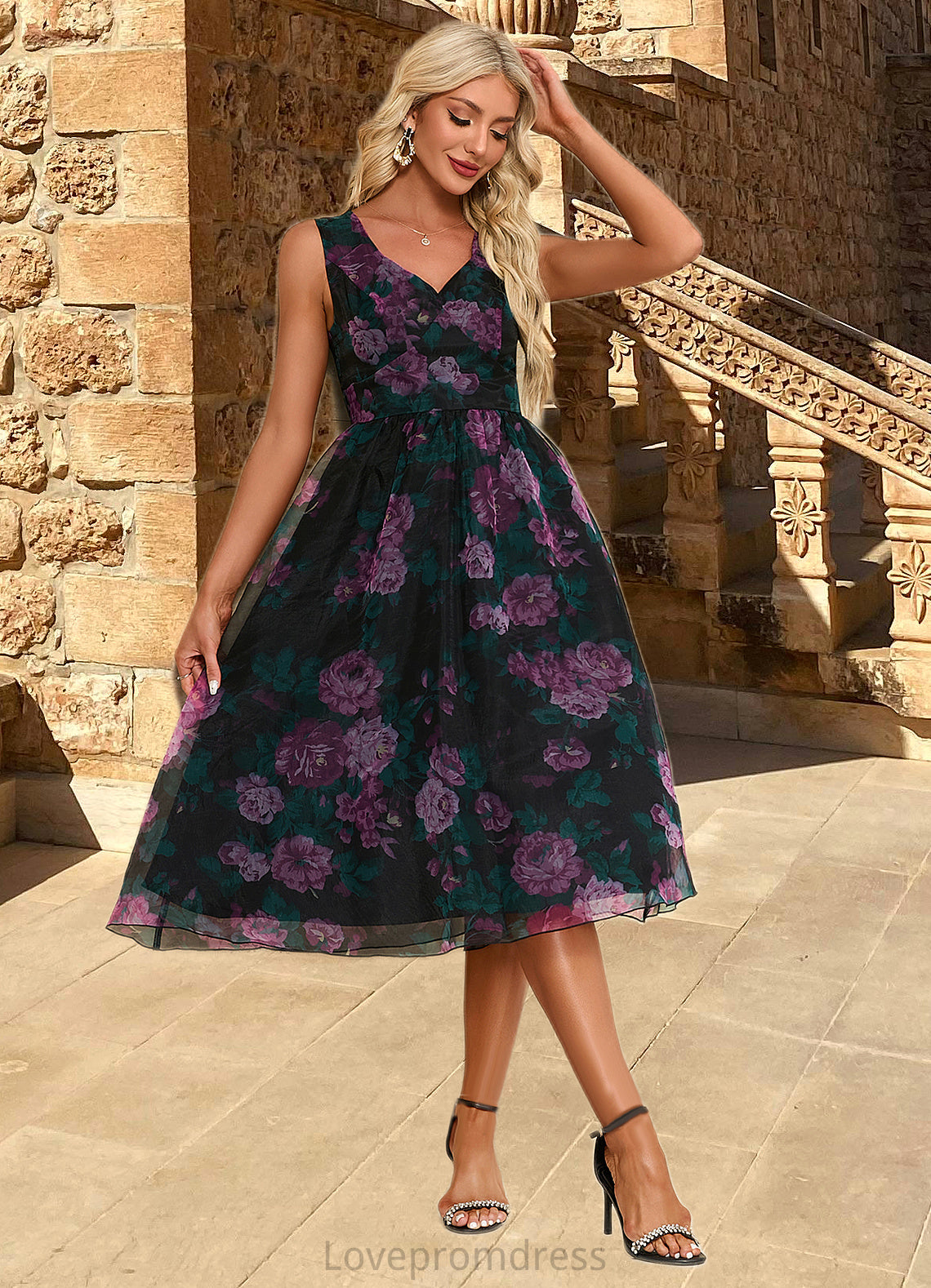 Lucy Floral Print Sweetheart Elegant A-line Organza Midi Dresses DYP0022454