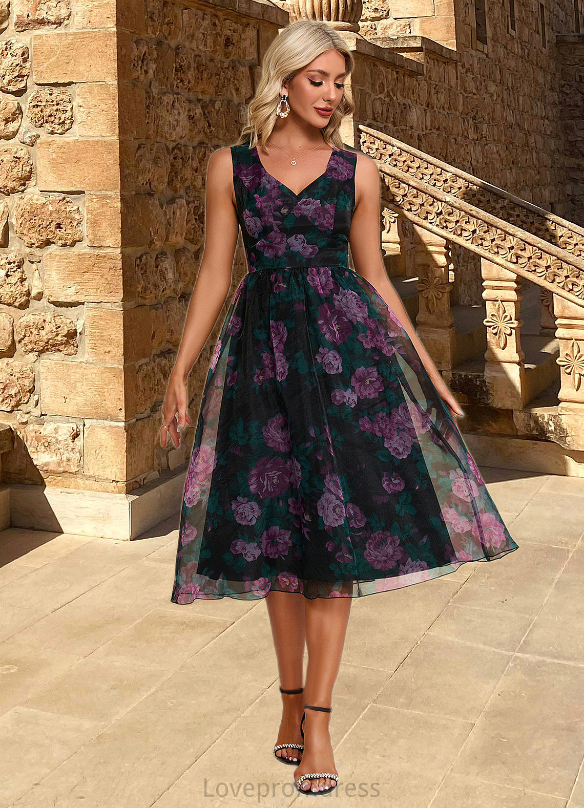 Lucy Floral Print Sweetheart Elegant A-line Organza Midi Dresses DYP0022454