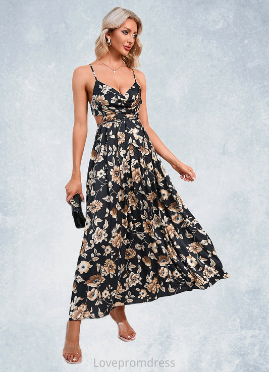 Seraphina Flower Ruffle Floral Print Cowl Sexy A-line Satin Maxi Dresses DYP0022468