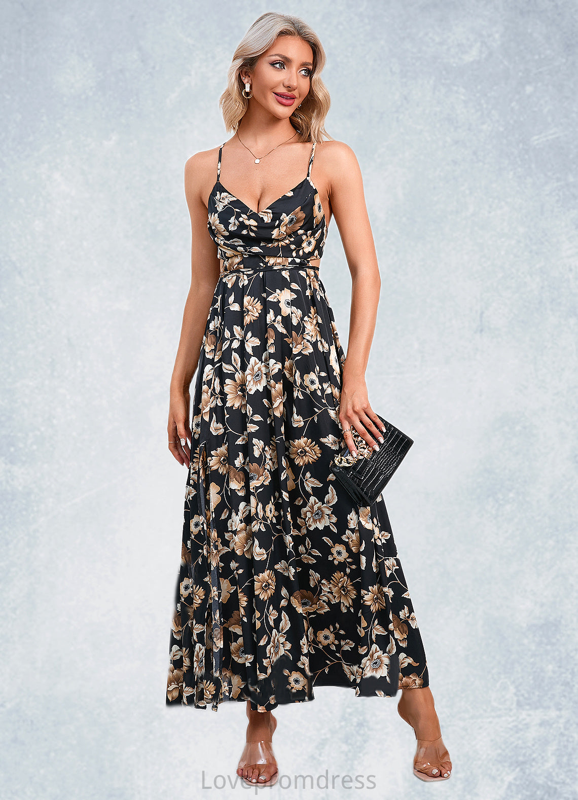 Seraphina Flower Ruffle Floral Print Cowl Sexy A-line Satin Maxi Dresses DYP0022468