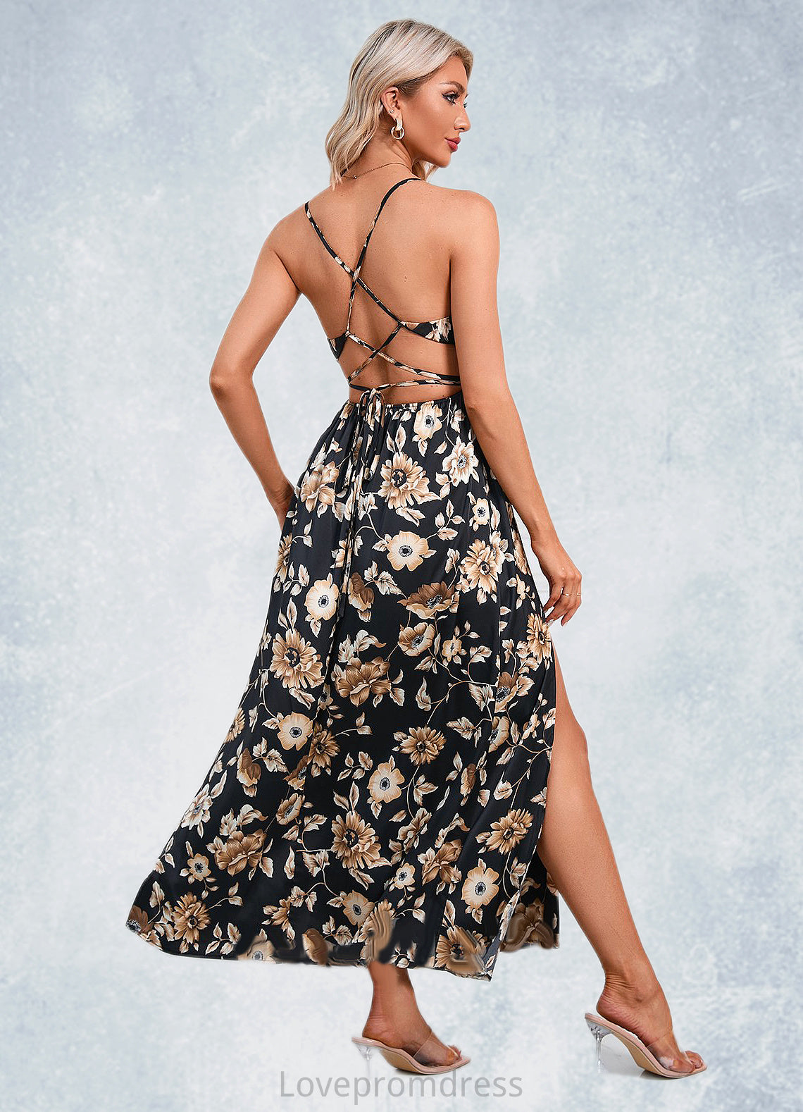 Seraphina Flower Ruffle Floral Print Cowl Sexy A-line Satin Maxi Dresses DYP0022468