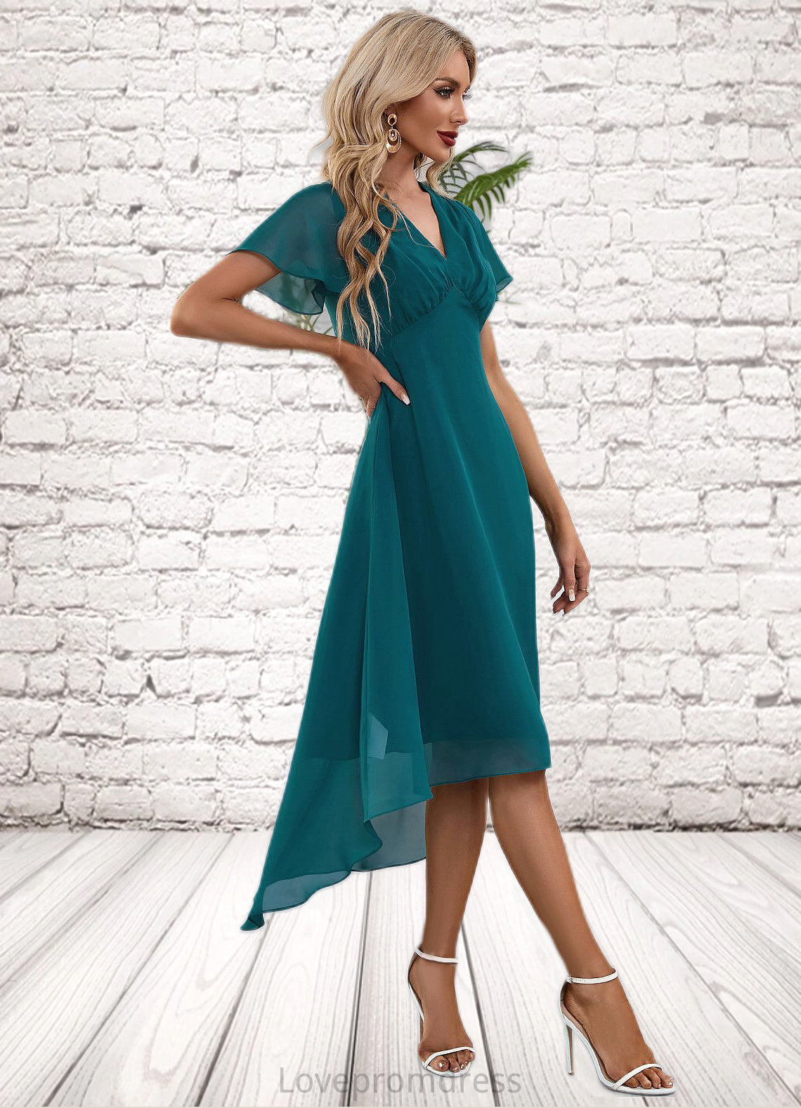 Nicole V-Neck Elegant A-line Chiffon Asymmetrical Midi Dresses DYP0022495