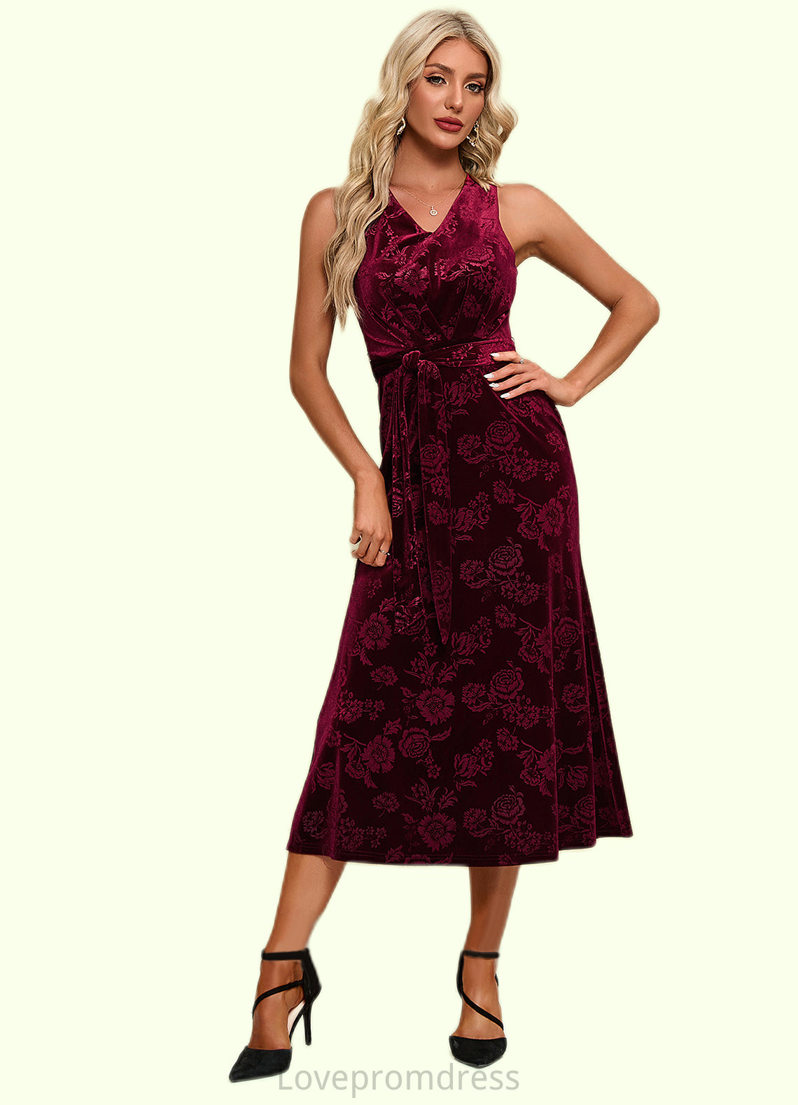 Louise Flower V-Neck Elegant A-line Velvet Midi Dresses DYP0022504