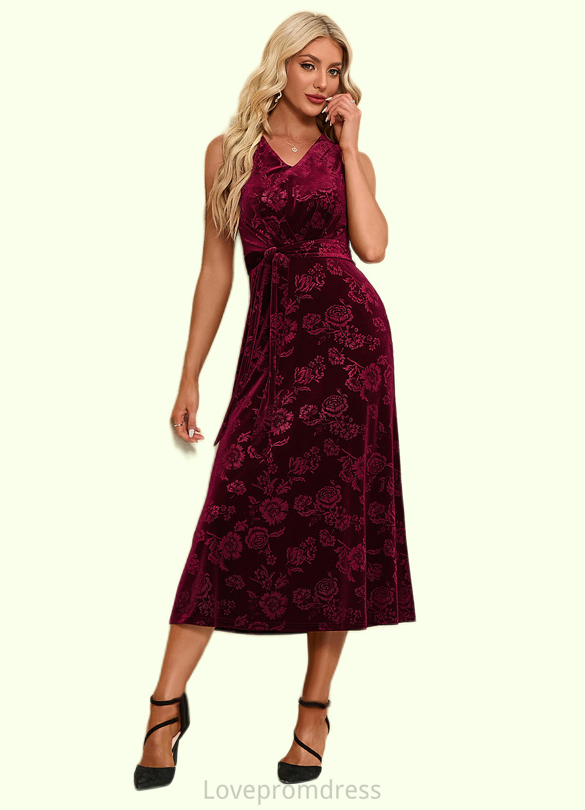 Louise Flower V-Neck Elegant A-line Velvet Midi Dresses DYP0022504