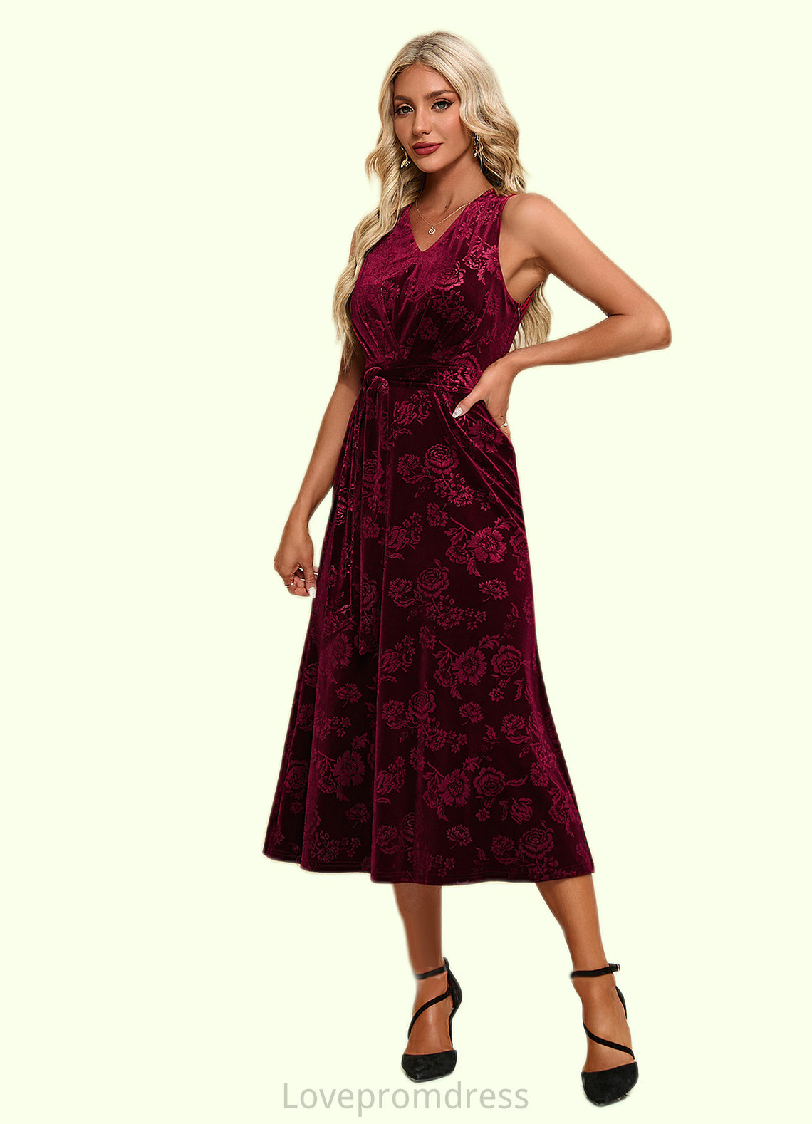 Louise Flower V-Neck Elegant A-line Velvet Midi Dresses DYP0022504