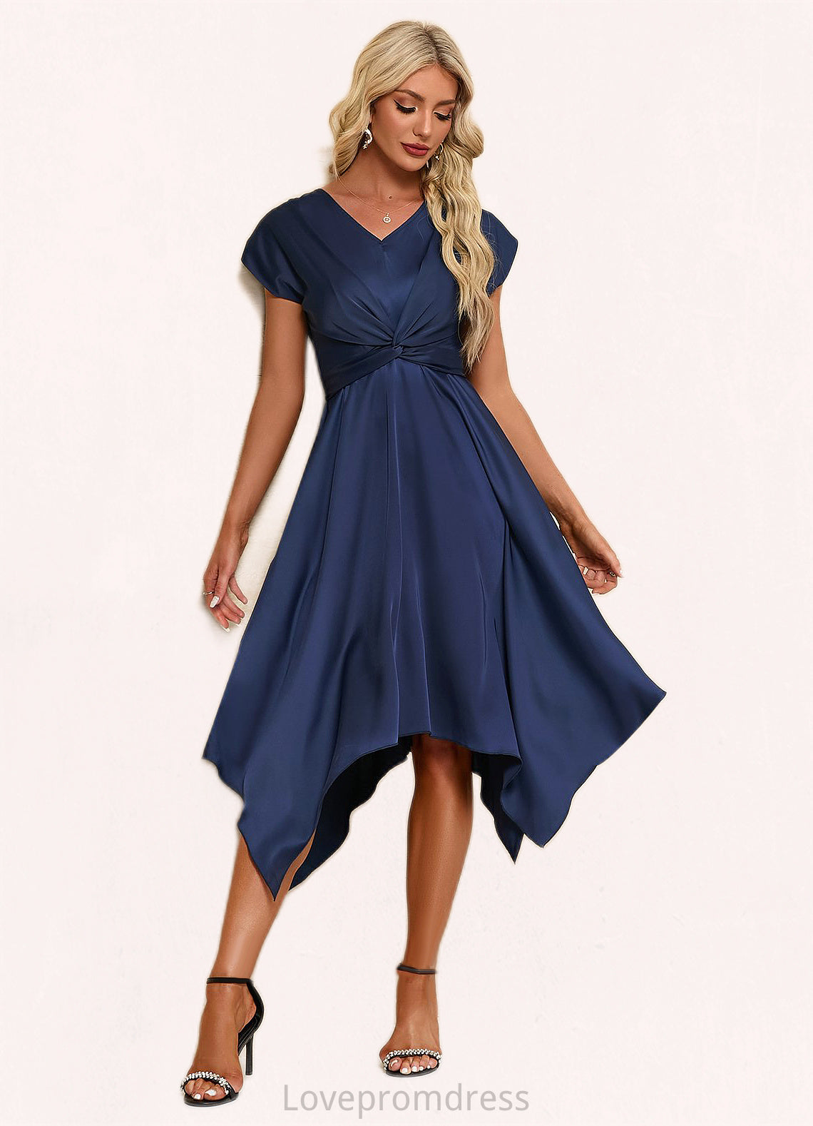 Khloe Bow V-Neck Elegant A-line Satin Asymmetrical Dresses DYP0022506