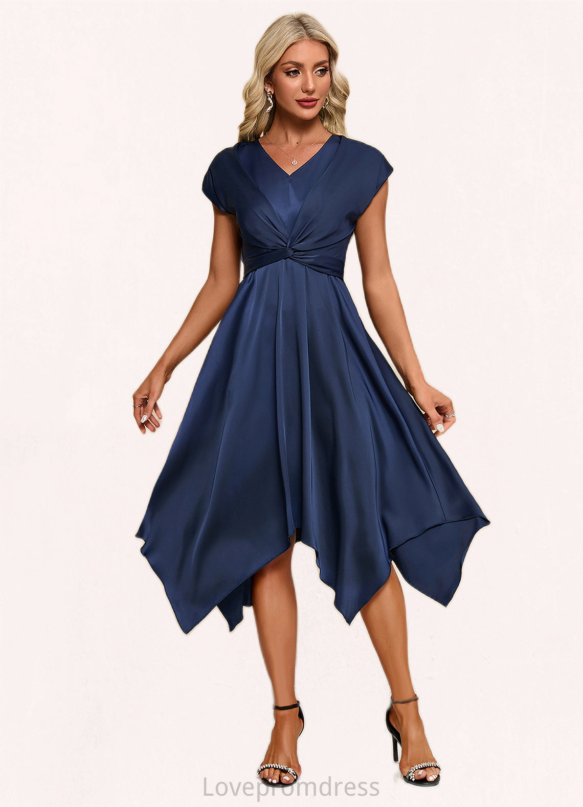 Khloe Bow V-Neck Elegant A-line Satin Asymmetrical Dresses DYP0022506