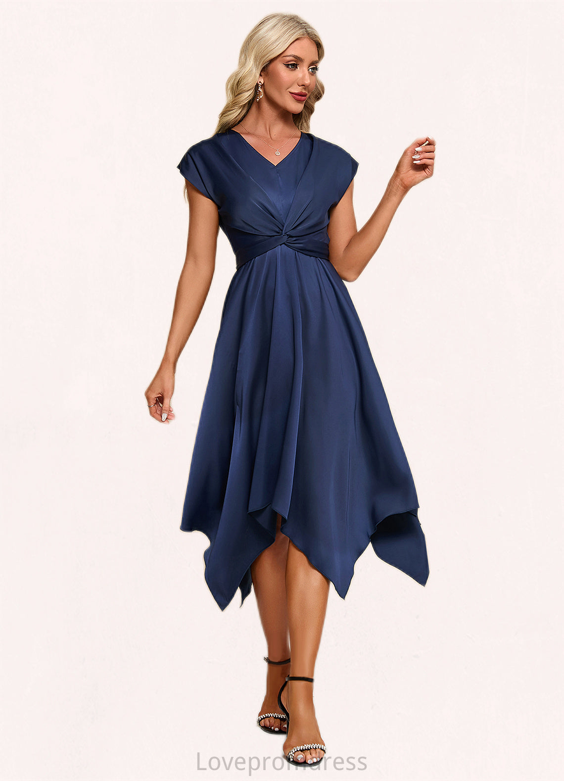 Khloe Bow V-Neck Elegant A-line Satin Asymmetrical Dresses DYP0022506