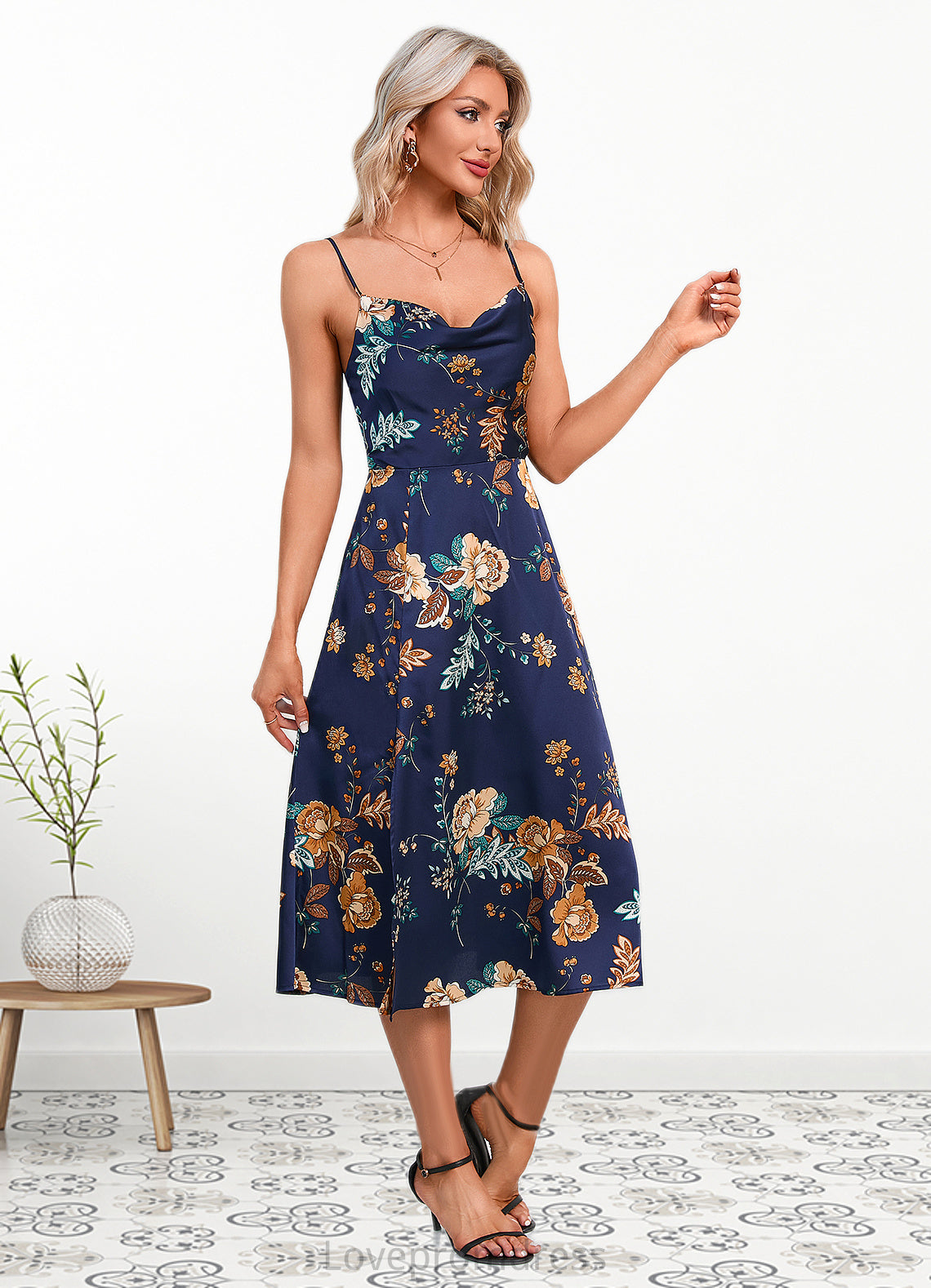 Lola Floral Print Cowl Elegant A-line Satin Dresses DYP0022508