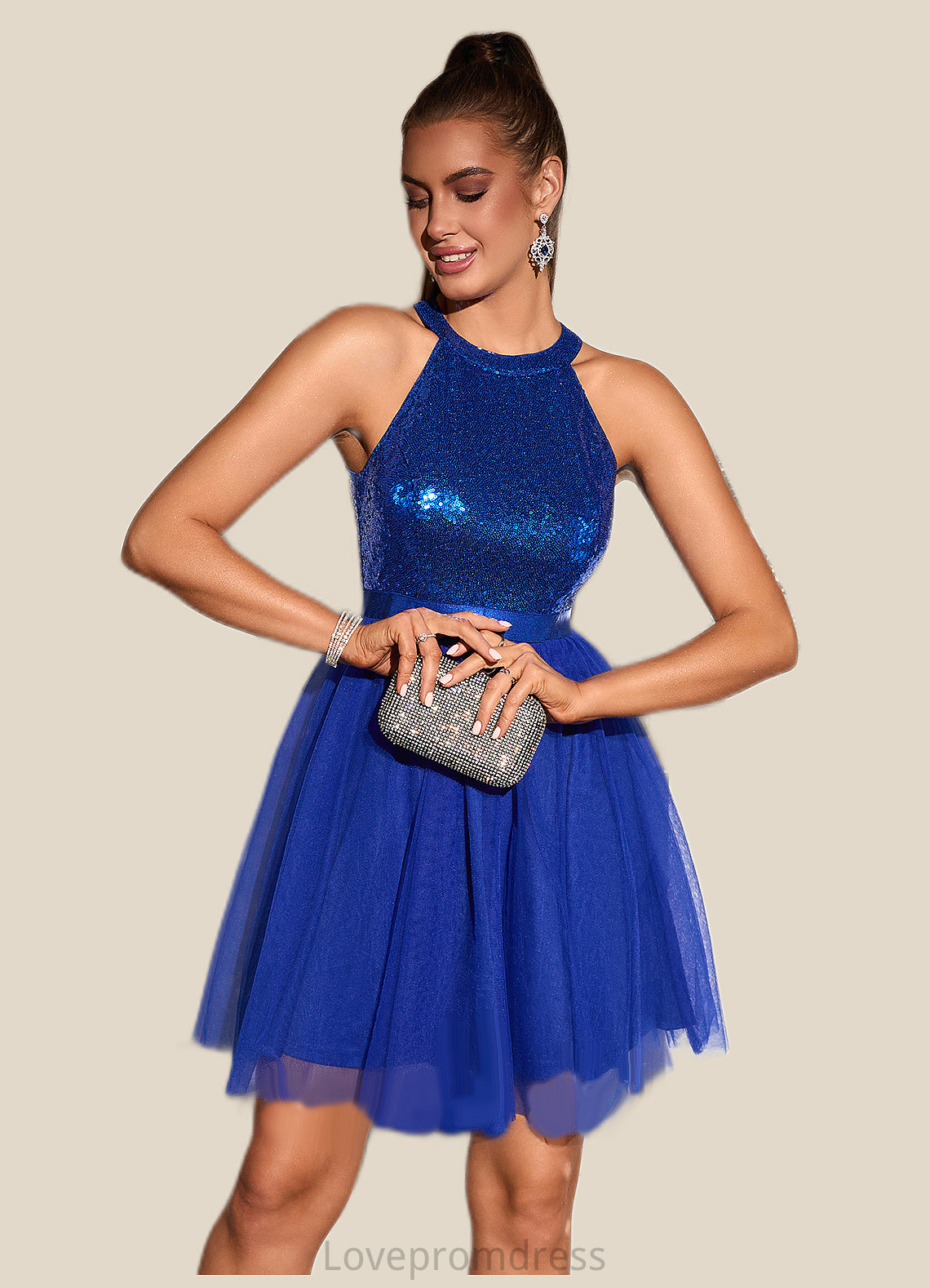 Lesly Sequins Halter Elegant A-line Tulle Sequin Mini Dresses DYP0022523