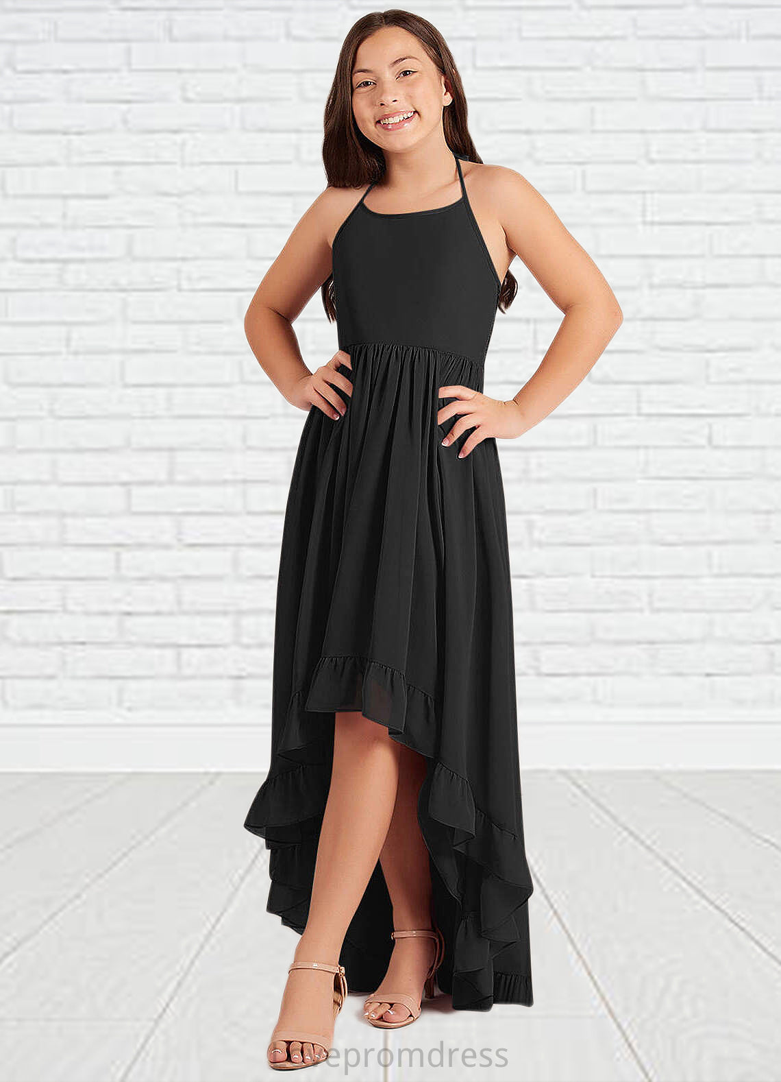 Taniyah A-Line Lace Chiffon Asymmetrical Junior Bridesmaid Dress black DYP0022855