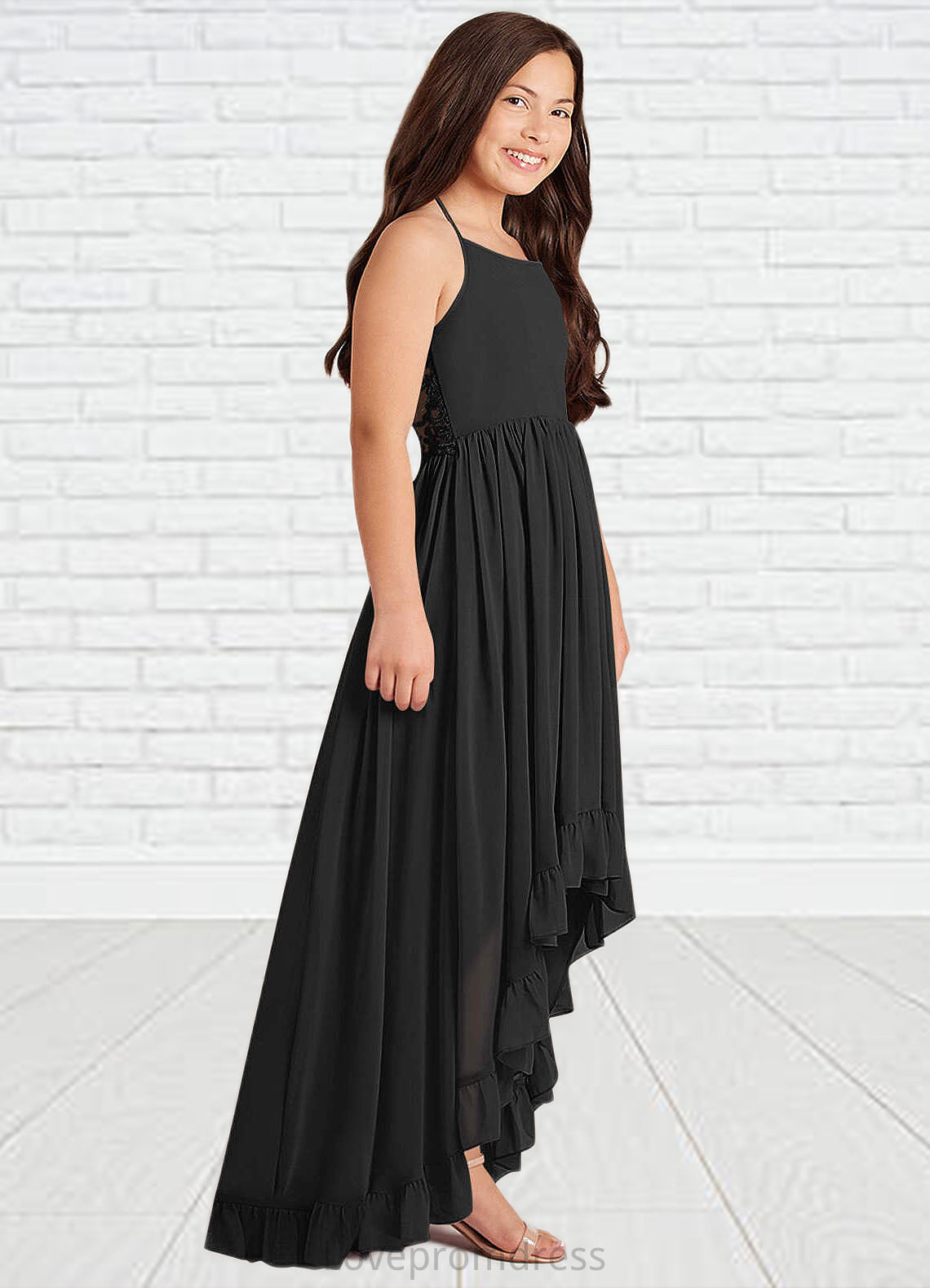 Taniyah A-Line Lace Chiffon Asymmetrical Junior Bridesmaid Dress black DYP0022855