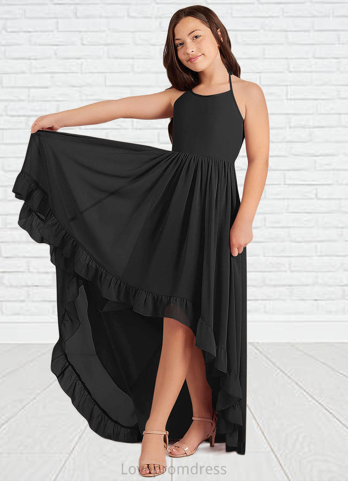 Taniyah A-Line Lace Chiffon Asymmetrical Junior Bridesmaid Dress black DYP0022855