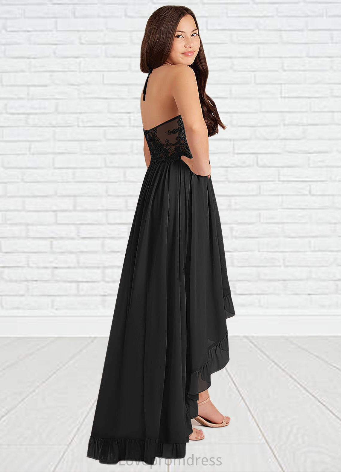 Taniyah A-Line Lace Chiffon Asymmetrical Junior Bridesmaid Dress black DYP0022855