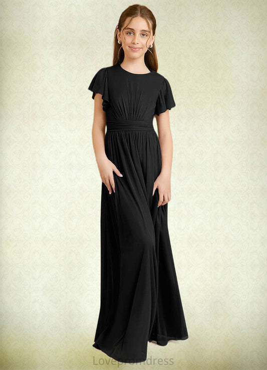 Eden A-Line Ruched Mesh Floor-Length Junior Bridesmaid Dress black DYP0022857