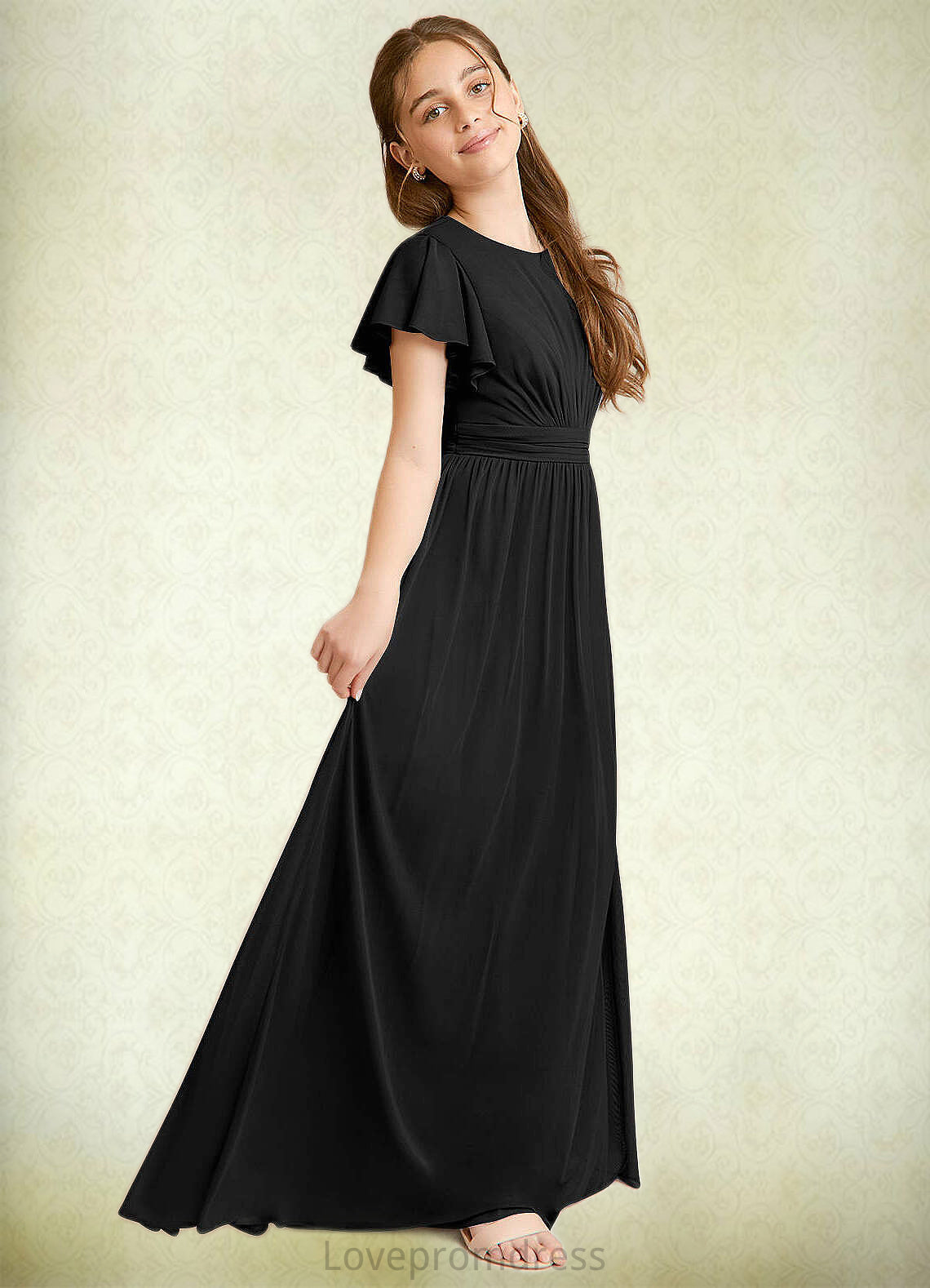 Eden A-Line Ruched Mesh Floor-Length Junior Bridesmaid Dress black DYP0022857