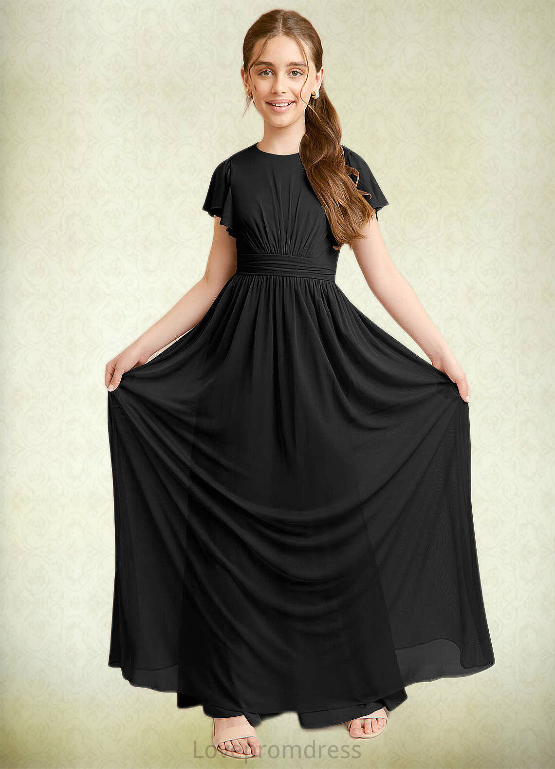 Eden A-Line Ruched Mesh Floor-Length Junior Bridesmaid Dress black DYP0022857